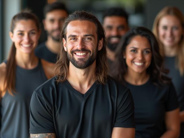 Diverse group of smiling Apex Fitness UAE trainers and staff.