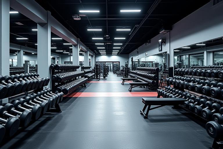 Well-organized free weights section with dumbbells and barbells.