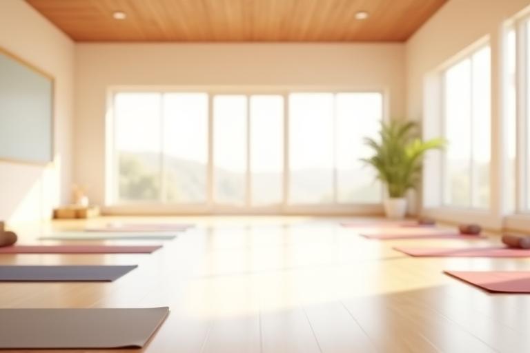 Bright and airy yoga studio with mats and natural light.