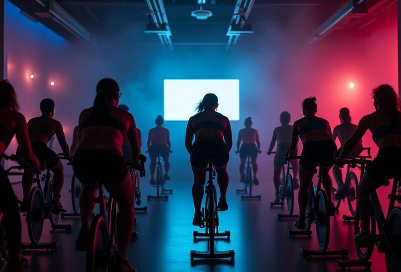 Dynamic indoor cycling class with instructor.