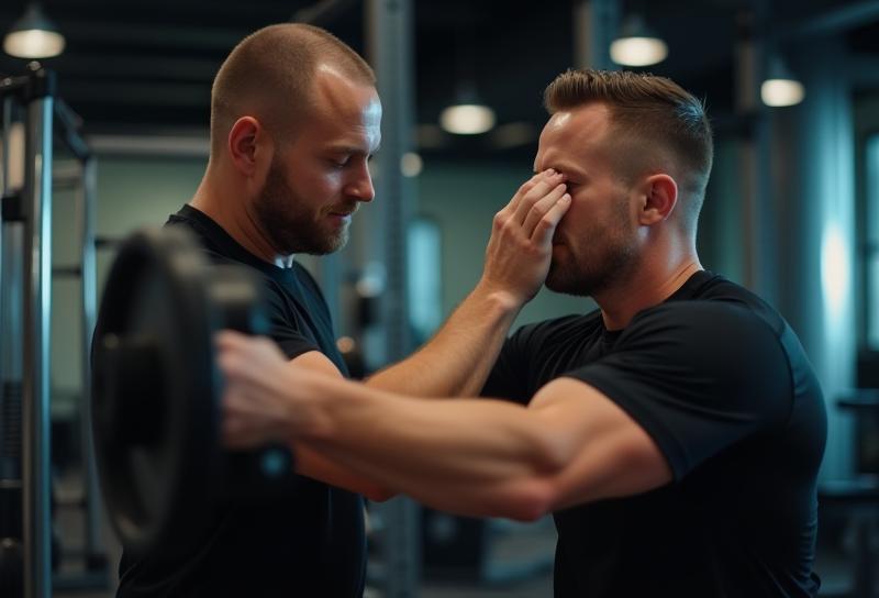 Personal trainer assisting a client with weightlifting technique.