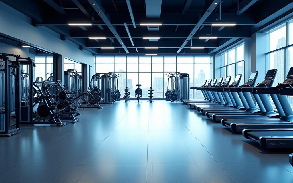 Panoramic view of a modern gym floor with various equipment at Apex Fitness UAE, Dubai.