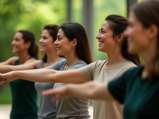 Group of office workers participating in a wellness activity.