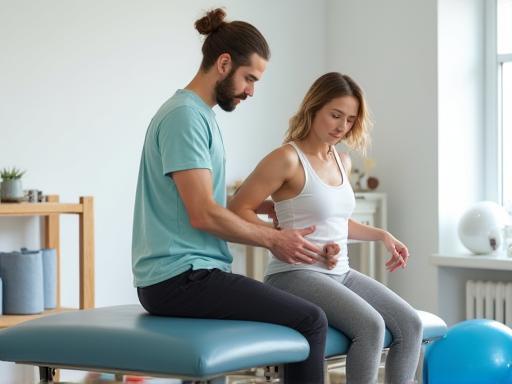 Therapist assisting a person with physical therapy exercises.